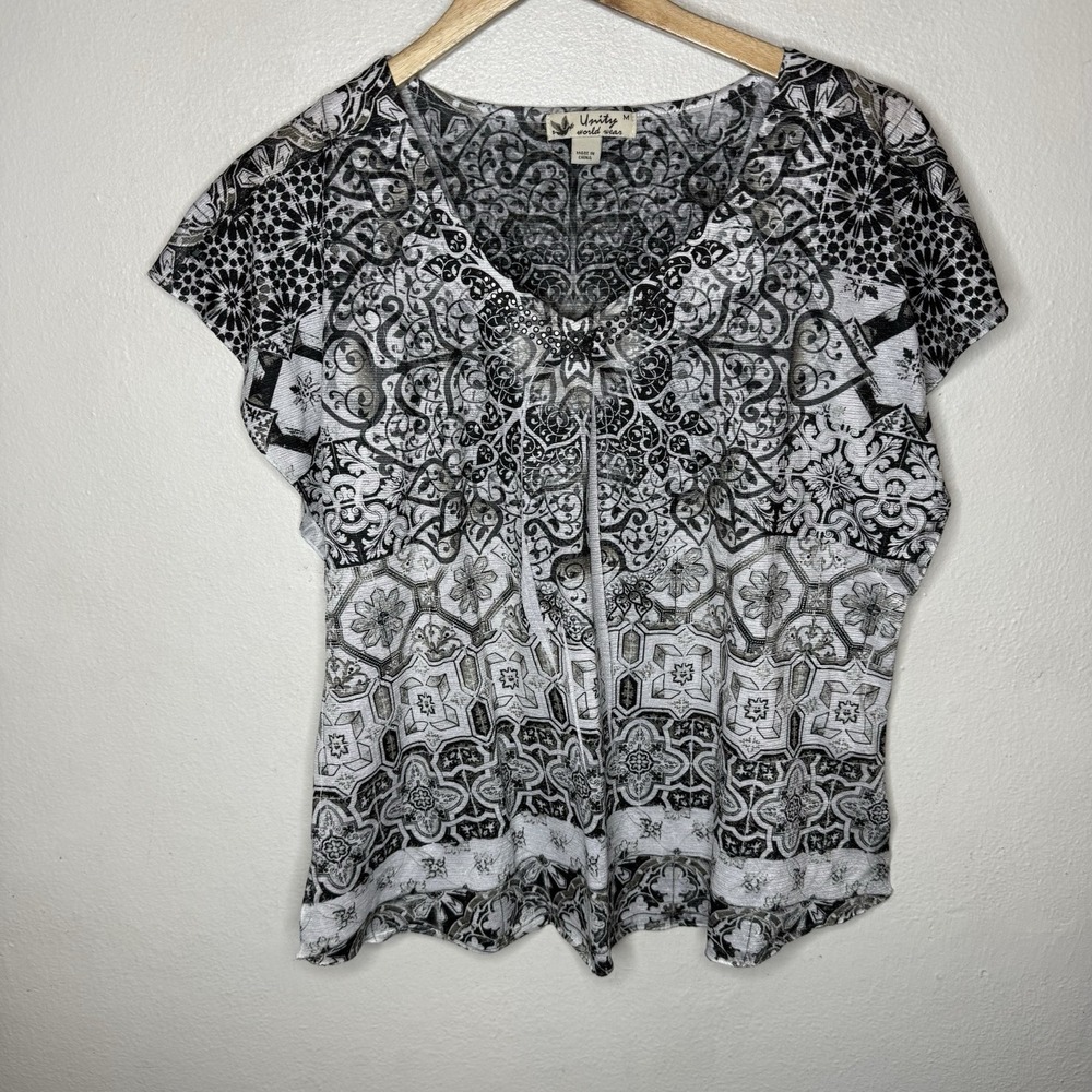 Unity World‎ Wear Black White Short Sleeve V-Neck T-Shirt Stretch Women's Medium